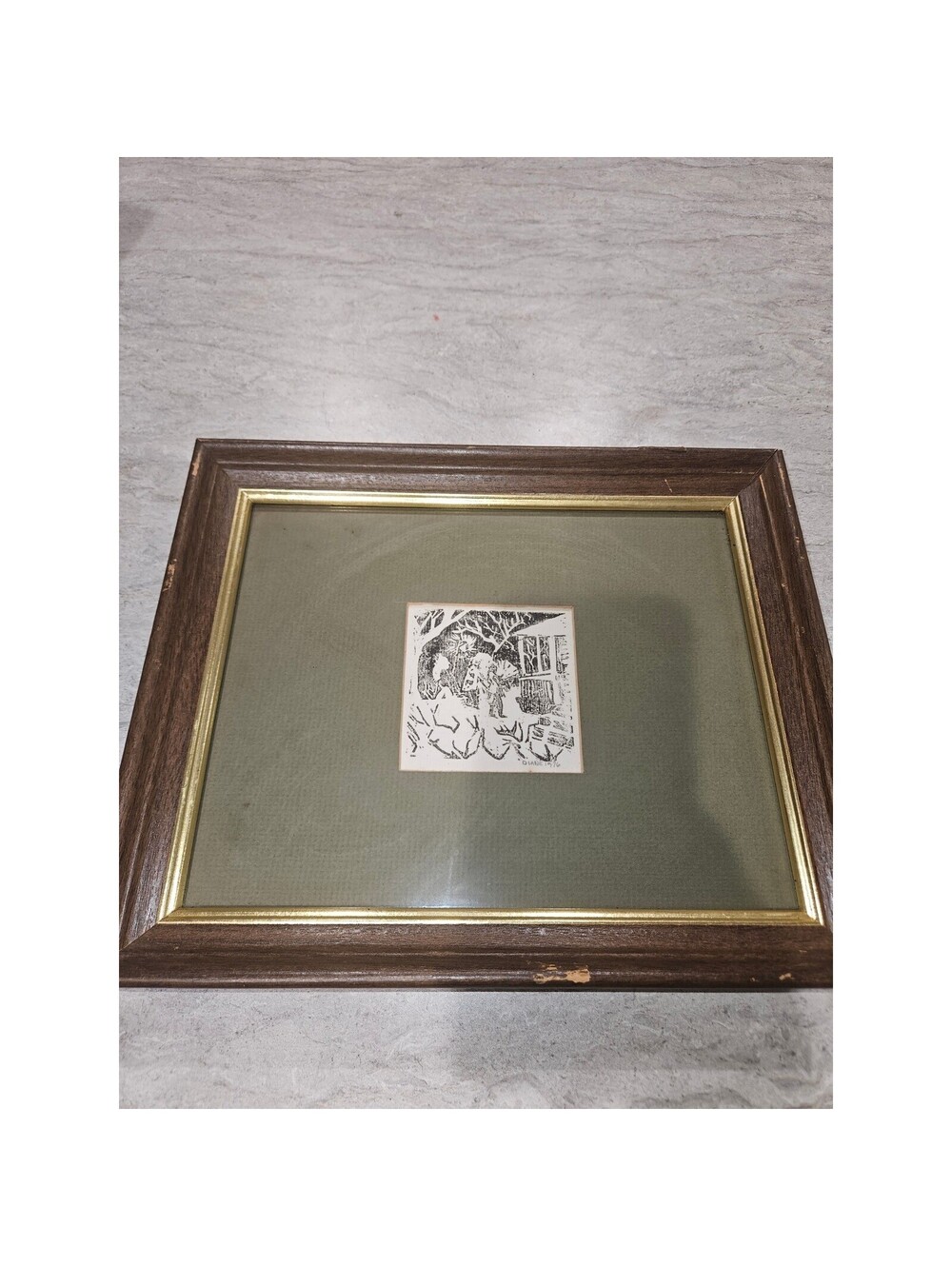 Vintage 1976 Signed Diane Linocut Woodblock Print Framed Rustic Cabin Art 10x8